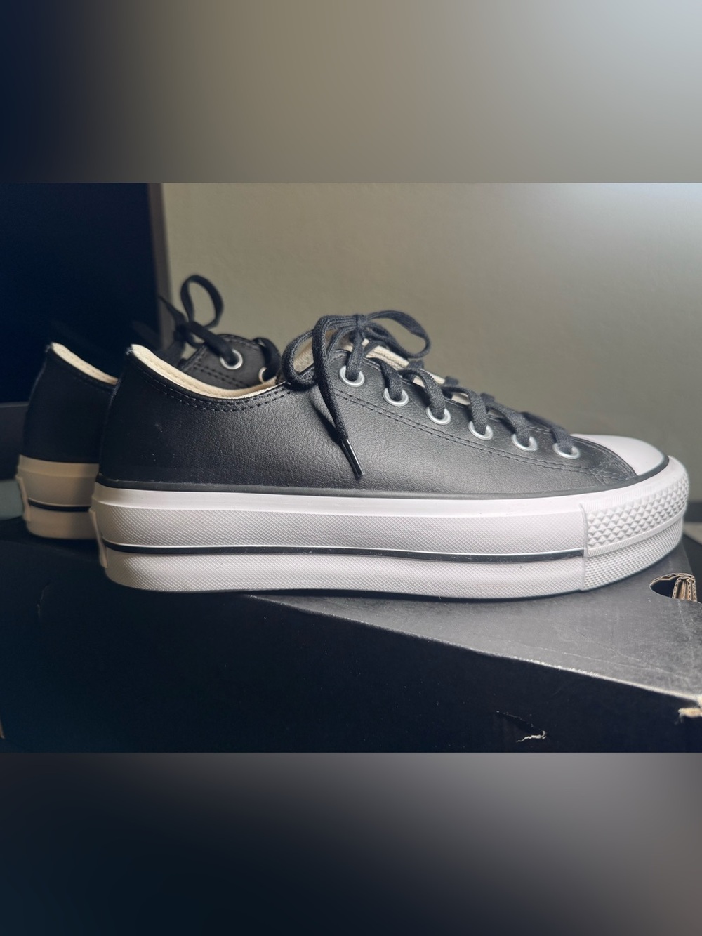 Black Low-Top Leather Sneaker with White Platform Sole